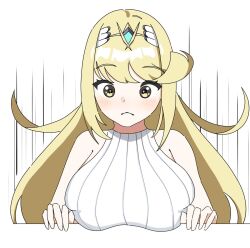 Rule 34 | 1girl, bare shoulders, blonde hair, blush, breasts, brown eyes, closed mouth, commentary request, hands up, headpiece, large breasts, long hair, mizukoromo, mythra (xenoblade), ribbed shirt, shirt, simple background, sleeveless, sleeveless shirt, solo, speed lines, white background, xenoblade chronicles (series), xenoblade chronicles 2