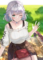 Rule 34 | 1girl, absurdres, alternate costume, arm up, bench, black ribbon, black skirt, blue bow, bow, braid, breasts, cable knit, cleavage, grass, green eyes, hair bow, highres, hololive, jewelry, large breasts, looking at viewer, necklace, off-shoulder sweater, off shoulder, one eye closed, outstretched hand, plaid, plaid skirt, pocketbook, ribbed sweater, ribbon, shirogane noel, shirogane noel (casual), shiroserika, short hair, silver hair, sitting, skirt, smile, solo, strap, sweater, virtual youtuber, white sweater