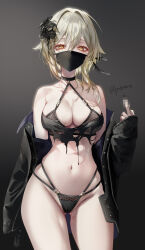 Rule 34 | 1girl, absurdres, bare shoulders, bikini, black bikini, black flower, black jacket, blonde hair, blush, breasts, censored, censored gesture, cleavage, collarbone, crop top, flower, genshin impact, gluteal fold, hair between eyes, hair flower, hair ornament, highres, jacket, large breasts, long hair, looking at viewer, lumine (genshin impact), mask, middle finger, mouth mask, multi-strapped bikini, open clothes, open jacket, pottsness, solo, swimsuit, torn clothes, twitter username, underwear, yellow eyes