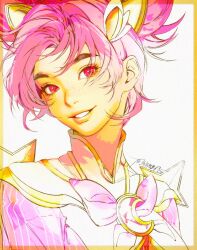 Rule 34 | 1girl, border, bow, brooch, crescent brooch, freckles, highres, jewelry, jian tai (cuoyu0), league of legends, looking at viewer, official alternate costume, official alternate hairstyle, orange border, parted bangs, pink bow, pink eyes, pink hair, short twintails, signature, simple background, smile, solo, star guardian taliyah, taliyah, tan, twintails, white background