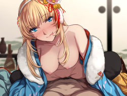 Rule 34 | 1boy, 1girl, :p, black thighhighs, blonde hair, blue eyes, blurry, blurry background, blush, breasts, cleavage, clothed sex, cowgirl position, depth of field, evelysse (star ocean), girl on top, hair ornament, hairband, hanging breasts, head tilt, hetero, japanese clothes, kimono, large breasts, long hair, looking at viewer, male pubic hair, nagioka, navel, nipples, off shoulder, open clothes, open kimono, open mouth, pov, pubic hair, sex, sitting, smile, star ocean, straddling, thighhighs, tongue, tongue out, vaginal
