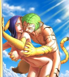 Rule 34 | 1boy, 1girl, animal ears, artist request, bent over, grabbing another&#039;s breast, breasts, cat, from behind, furry, grabbing, hetero, large breasts, muscular, nico robin, nipples, nude, one piece, outdoors, penis, pubic hair, pussy, roronoa zoro, sex, tail, tiger, tongue, vaginal, yellow eyes
