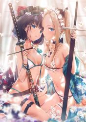 Rule 34 | 2girls, abigail williams (fate), bad id, bad twitter id, bare shoulders, bikini, black bow, blonde hair, blue eyes, blurry, blurry foreground, bow, breasts, closed mouth, commentary, dangmill, depth of field, fate/grand order, fate (series), floral print, flower, hair bow, hair flower, hair ornament, hand on another&#039;s thigh, highres, holding, holding sheath, katana, katsushika hokusai (fate), long hair, looking at viewer, multiple girls, navel, polka dot, polka dot bikini, polka dot bow, seiza, sheath, sheathed, shoes, sitting, small breasts, stuffed animal, stuffed toy, swimsuit, sword, symbol-only commentary, teddy bear, twintails, weapon, white bikini, white flower