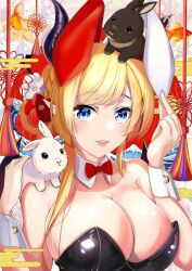 Rule 34 | 1girl, absurdres, animal, animal ears, animal on head, animal on shoulder, bare shoulders, black horns, black leotard, blonde hair, blue eyes, bow, bowtie, braid, breasts, chinese zodiac, cleavage, commentary, demon girl, demon horns, detached collar, egasumi, fake animal ears, hair ornament, highres, hololive, horns, large breasts, leotard, long hair, new year, oekaki zombie, on head, open mouth, pointy ears, rabbit, rabbit ears, red bow, red bowtie, sidelocks, smile, solo, strapless, strapless leotard, tassel, upper body, virtual youtuber, wing collar, wrist cuffs, year of the rabbit, yuzuki choco