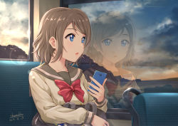Rule 34 | 1girl, :o, artist name, bag, blue eyes, bow, bowtie, brown hair, cellphone, cloud, cloudy sky, dated, day, grey sailor collar, grey shirt, highres, holding, holding phone, lens flare, long sleeves, love live!, love live! sunshine!!, open mouth, phone, red bow, red bowtie, reflection, sailor collar, school bag, school uniform, shamakho, shirt, short hair, sky, smartphone, solo, sunlight, swept bangs, train interior, upper body, uranohoshi school uniform, watanabe you, window