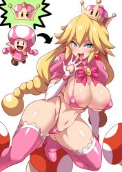 Rule 34 | 1girl, arrow (symbol), bikini, blue eyes, boots, bow, braid, breasts, clothing cutout, earrings, elbow gloves, fingerless gloves, gloves, groin, heart cutout, high heel boots, high heels, highres, jewelry, konno tohiro, large breasts, looking at viewer, mario (series), multiple girls, navel, new super mario bros. u deluxe, nintendo, open mouth, peachette, pearl earrings, pink bow, pink footwear, shrug (clothing), simple background, super crown, super mushroom, swimsuit, thigh boots, thighhighs, toadette, tongue, tongue out, transformation, twin braids, white background, white gloves