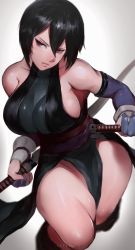 Rule 34 | 1girl, absurdres, black hair, blue eyes, blurry, breasts, cleavage, commission, depth of field, detached sleeves, female focus, gloves, gradient background, grey background, heterochromia, highres, holding, holding sword, holding weapon, ibuo (ibukht1015), katana, looking to the side, no panties, off shoulder, red eyes, samurai spirits, shiki (samurai spirits), short hair, sideboob, simple background, skeb commission, solo, sword, thick thighs, thighs, tomboy, v, weapon, wide hips
