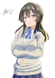 Rule 34 | 1girl, absurdres, adapted costume, ayuman, black hair, black skirt, cardigan, commentary request, cowboy shot, crossed arms, dated, grey eyes, hair ornament, hairclip, highres, kantai collection, long hair, long sleeves, looking at viewer, oyashio (kancolle), pleated skirt, school uniform, shirt, signature, simple background, skirt, solo, white background, white cardigan, white shirt