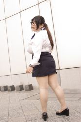 Rule 34 | 1girl, asian, bare legs, black hair, breasts, cosplay, dress shirt, dutch angle, fat, from behind, full body, glasses, holon, holon (cosplay), huge breasts, japanese (nationality), looking at viewer, looking back, luu (cosplayer), miniskirt, necktie, photo (medium), pigeon-toed, plump, ponytail, real drive, shirt, sidelocks, skirt, solo, standing, watch, white shirt, wristwatch