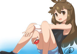 Rule 34 | 1girl, absurdres, antenna hair, aqua shorts, armpits, artist request, bare shoulders, black footwear, black shirt, brown eyes, brown hair, child, collarbone, creatures (company), eyelashes, female focus, fingernails, flat chest, full body, game freak, gradient background, green (pokemon), hands between legs, happy, highres, holding, holding poke ball, knees up, legs, long hair, looking at viewer, matching hair/eyes, neck, nintendo, open mouth, parted bangs, poke ball, pokemon, pokemon lgpe, print shirt, shirt, shoes, short shorts, shorts, side slit, sidelocks, signature, sitting, sleeveless, sleeveless shirt, sneakers, thighs, wristband