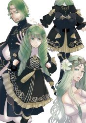 Rule 34 | 1boy, 2girls, beard, boots, bow, breasts, brother and sister, circlet, cleavage, closed mouth, facial hair, fire emblem, fire emblem: three houses, flayn (fire emblem), flower, from behind, garreg mach monastery uniform, green eyes, green hair, hair flower, hair ornament, knee boots, long hair, long sleeves, masakikazuyoshi, matching hair/eyes, multiple girls, nintendo, open mouth, pantyhose, rhea (fire emblem), seteth (fire emblem), short hair, siblings, simple background, smile, tiara, uniform, white background, yellow bow
