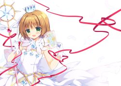 Rule 34 | 1girl, :d, bad id, bad pixiv id, blush, brown hair, card, cardcaptor sakura, commentary request, crown, feathers, gloves, green eyes, hair between eyes, head tilt, holding, holding card, kinomoto sakura, looking at viewer, mini crown, open mouth, purinpurin, shirt, simple background, skirt, smile, solo, sparkle, standing, star (symbol), strapless, white background, white gloves, white shirt, white skirt, yume no tsue