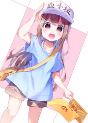 Rule 34 | 10s, 1girl, :d, arm up, bag, blue shirt, blush, brown eyes, brown hair, brown shorts, character name, chikuwa., clothes writing, collarbone, commentary, dutch angle, flag, flat cap, hair between eyes, hat, hataraku saibou, highres, holding, holding flag, long hair, looking at viewer, open mouth, platelet (hataraku saibou), round teeth, shirt, short shorts, short sleeves, shorts, shoulder bag, smile, solo, teeth, upper teeth only, very long hair, white hat