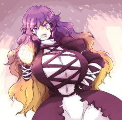 Rule 34 | 1girl, black dress, breasts, brown hair, clenched hand, colorized, commentary, dress, english commentary, hijiri byakuren, huge breasts, layered dress, long sleeves, looking at viewer, monyomoke, open mouth, purple eyes, purple hair, quarium, solo, touhou, turtleneck, turtleneck dress