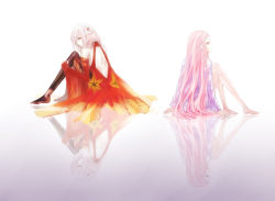 Rule 34 | 2girls, absurdres, back-to-back, back cutout, bare back, bare legs, black pantyhose, closed mouth, clothing cutout, commentary request, dress, from side, full body, guilty crown, hair ornament, hair over shoulder, hairclip, hand on own leg, highres, kirired, knees up, leaning, leaning back, long hair, looking at another, multiple girls, ouma mana, pantyhose, pink hair, pink shirt, red dress, red eyes, reflection, shirt, simple background, sitting, smile, twintails, very long hair, white background, yuzuriha inori
