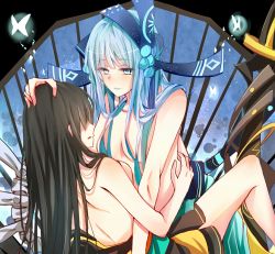 Rule 34 | 2girls, aoandon, black hair, blue eyes, breasts, hair ornament, hand on another&#039;s head, highres, long hair, looking at another, multiple girls, onmyoji, very long hair, youtouhime, yuri