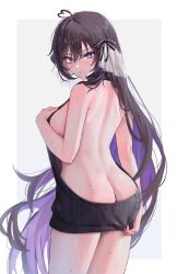 Rule 34 | 1girl, ahoge, ass, back, bare arms, bare shoulders, black hair, blush, breasts, butt crack, closed mouth, colored inner hair, commentary, cowboy shot, embarrassed, from behind, hair ornament, highres, large breasts, long hair, looking at viewer, looking back, meme attire, merumeko, multicolored hair, original, purple hair, simple background, sleeveless, solo, sweat, symbol-only commentary, thighs, two-tone hair, virgin killer sweater