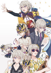 Rule 34 | 6+boys, bare pectorals, blue eyes, chibi, csyday, fate/grand order, fate (series), formal, gift, grey hair, hair between eyes, hawaiian shirt, highres, holding, holding gift, instrument, male focus, mask, multiple boys, multiple persona, necktie, outstretched arm, pectorals, prince of lan ling (fate), reaching, reaching towards viewer, reading, shirt, short hair, short ponytail, sparkle, suit, sunglasses, sweatdrop, ukulele