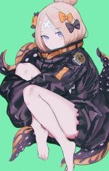 Rule 34 | 1girl, abigail williams (fate), abigail williams (traveling outfit) (fate), alternate hairstyle, bad id, bad pixiv id, bandaid, bandaid on face, bandaid on forehead, barefoot, belt, black bow, black jacket, blonde hair, blue eyes, bow, fate/grand order, fate (series), feet, forehead, green background, hair bow, hair bun, high collar, highres, jacket, knees up, legs, long hair, looking at viewer, official alternate costume, orange bow, parted bangs, polka dot, polka dot bow, simple background, single hair bun, sleeves past fingers, sleeves past wrists, solo, suction cups, tentacles, terepin (terepin ice), thighs