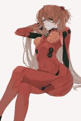 Rule 34 | 1girl, artist request, ass, blue eyes, blush, bodysuit, breasts, brown hair, expressionless, eyepatch, hair ornament, hand in own hair, highres, interface headset, invisible chair, long hair, looking at viewer, medium breasts, neon genesis evangelion, plugsuit, rebuild of evangelion, shiny clothes, simple background, sitting, solo, souryuu asuka langley, very long hair