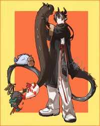 Rule 34 | 1boy, :3, = =, animalization, arknights, black cloak, black skin, border, brown hair, chong yue (arknights), cloak, closed eyes, colored skin, commentary, confused, dragon boy, dragon bubble (arknights), dragon horns, dragon tail, dusk (arknights), full body, gourd, highres, horns, inset border, jitome, ling (arknights), long hair, multicolored hair, nanataru10, nian (arknights), orange background, pants, parted bangs, pointy ears, red eyes, shirt, shoes, signature, sneakers, streaked hair, tail, white footwear, white pants, white shirt, yellow background