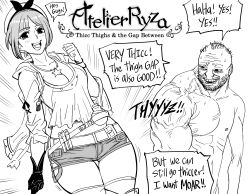 Rule 34 | 1boy, 1girl, absurdres, asymmetrical arms, atelier (series), atelier ryza, atelier ryza 1, bb (baalbuddy), breasts, cleavage, coomer (meme), curvy, english text, greyscale, hat, highres, jacket, large breasts, medium breasts, meme, monochrome, open clothes, open jacket, reisalin stout, short hair, short shorts, shorts, simple background, speech bubble, thick thighs, thigh gap, thighhighs, thighs, white background, wide hips