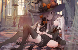 Rule 34 | 2girls, abigail williams (fate), abigail williams (second ascension) (fate), black legwear, bleeding, blonde hair, blood, blood on clothes, bow, fate/grand order, fate (series), hand on another&#039;s chin, hat, horns, injury, kawacy, lavinia whateley (fate), long hair, looking at another, multiple girls, parted lips, red eyes, silver hair, single horn, sitting, sitting on person, spoilers, thighhighs, witch hat
