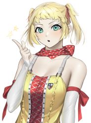 Rule 34 | 1girl, aqua eyes, bad id, bad pixiv id, blonde hair, blush, clare (cyphers), cyphers, freckles, frills, hair ribbon, hand up, highres, index finger raised, looking at viewer, norunollu, parted lips, polka dot, polka dot scarf, red ribbon, red scarf, ribbon, scarf, short hair, simple background, solo, star (symbol), twintails, upper body, white background