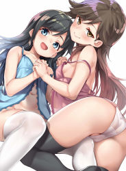 Rule 34 | 2girls, :d, all fours, arashio (kancolle), asashio (kancolle), ass, black hair, black legwear, blue eyes, blush, breasts, brown hair, cameltoe, closed mouth, dutch angle, ebifurya, gradient hair, highres, holding hands, interlocked fingers, kantai collection, lingerie, long hair, lying, multicolored hair, multiple girls, navel, negligee, on back, open mouth, panties, sideboob, simple background, small breasts, smile, strap slip, string panties, thighhighs, underwear, underwear only, white background, white legwear, white panties, yellow eyes, yuri