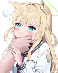 Rule 34 | 1girl, :i, puff of air, absurdres, animal ear fluff, animal ears, blonde hair, blue archive, blush, fox ears, green eyes, halo, hand on another&#039;s cheek, hand on another&#039;s face, highres, holding another&#039;s wrist, kurumi (blue archive), long hair, long sleeves, neckerchief, pout, red neckerchief, school uniform, serafuku, simple background, solo, two side up, upper body, user sgmu2543, v-shaped eyebrows, veins, veiny arms, very long hair, white background