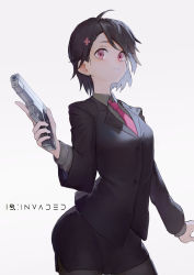 Rule 34 | 1girl, absurdres, ahoge, black hair, black jacket, black pantyhose, black skirt, breasts, buttons, closed mouth, collar, collared shirt, commentary request, copyright name, cutye, english text, flower, formal, grey background, grey shirt, gun, hair between eyes, hair flower, hair ornament, handgun, highres, holding, holding gun, holding weapon, hondoumachi koharu, id :invaded, jacket, long sleeves, looking at viewer, necktie, neckwear request, pantyhose, pencil skirt, pink eyes, pink flower, pink necktie, pistol, shirt, short hair, simple background, skirt, small breasts, smile, solo, suit, trigger discipline, upper body, weapon, wide sleeves