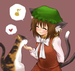 Rule 34 | 1girl, 2007, ^ ^, animal ears, brown hair, cat, cat ears, cat tail, chen, closed eyes, earrings, female focus, hand on another&#039;s chin, happy, hat, headpat, heart, jewelry, kiji (manekinuko-tei), multiple tails, musical note, short hair, simple background, solo, speech bubble, spoken heart, spoken musical note, stroking another&#039;s chin, tail, touhou