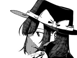 Rule 34 | 1girl, bow, closed mouth, collared shirt, commentary, eyebrows hidden by hair, from side, frown, greyscale, hat, hat bow, high collar, high contrast, highres, looking afar, medium hair, monochrome, nama udon, neck ribbon, portrait, ribbon, shirt, simple background, solo, touhou, usami renko, white background