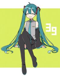 Rule 34 | 39, aqua hair, aqua nails, aqua necktie, black footwear, black skirt, black sleeves, boots, border, closed eyes, convenient leg, detached sleeves, grey vest, hair between eyes, hatsune miku, invisible chair, legs together, letterboxed, long hair, necktie, niko (kusukusu.), no nose, outside border, raised eyebrows, sitting, skirt, sleeves past wrists, smile, thigh boots, twintails, very long hair, vest, vocaloid, white border, yellow background