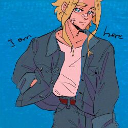 Rule 34 | 1boy, bandage on face, bandages, bandaid, bandaid on face, bandaid on nose, belt, blonde hair, blue background, blue eyes, boku no hero academia, brown belt, closed mouth, collarbone, commentary, english commentary, english text, freesilverwind, grey jacket, grey pants, hand in pocket, highres, jacket, long sleeves, looking at viewer, male focus, pants, shirt, short hair, solo, white shirt, yagi toshinori