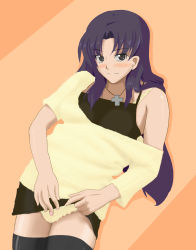 Rule 34 | 1girl, artist request, blush, breasts, brown eyes, clothes lift, covering privates, covering crotch, cross, cross necklace, dress, dress lift, female focus, highres, jewelry, katsuragi misato, looking at viewer, medium breasts, necklace, neon genesis evangelion, purple hair, short hair, solo, sweater, thighhighs