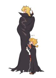 Rule 34 | 2boys, aged down, black cape, blonde hair, braid, cape, cape grab, clothes grab, dio brando, father and son, from behind, giorno giovanna, highres, honlo, jewelry, jojo no kimyou na bouken, long hair, looking at another, male focus, multiple boys, open mouth, simple background, standing, vampire, white background