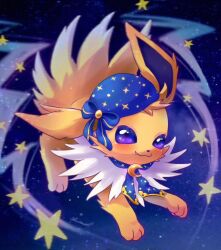Rule 34 | :3, blue headwear, blue ribbon, commentary request, creatures (company), crescent, crescent necklace, fang, fang out, full body, game freak, gen 1 pokemon, jewelry, jolteon, necklace, nintendo, pokemon, pokemon (creature), pokemon cafe remix, purple eyes, ribbon, shii (no-va could), solo, star (symbol), star in eye, star print, starry background, symbol in eye, yellow fur, yellow trim