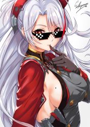 Rule 34 | 1girl, artist name, azur lane, blush, breasts, commentary, deal with it (meme), eyes visible through hair, finger to mouth, gloves, hair between eyes, headgear, long hair, long sleeves, looking at viewer, meme, mole, mole on breast, parted lips, prinz eugen (azur lane), red eyes, sakiyamama, sideboob, signature, silver hair, simple background, smile, solo, sunglasses, upper body, white background
