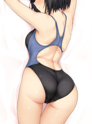 Rule 34 | 1girl, amagami, arched back, armpits, arms up, ass, back, back cutout, bed sheet, black hair, black one-piece swimsuit, blush, breasts, closed mouth, clothing cutout, competition swimsuit, cowboy shot, dakimakura (medium), from above, from behind, halcon, lying, nanasaki ai, on stomach, one-piece swimsuit, short hair, small breasts, smile, solo, swimsuit, thigh gap, top-down bottom-up