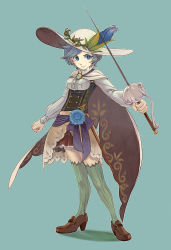 Rule 34 | 1girl, absurdres, blue background, blue eyes, blue hair, bright pupils, brown footwear, cane, cape, flower, full body, green thighhighs, hat, hat flower, highres, looking at viewer, matching hair/eyes, omotichan, original, personification, pocketland, rapier, shoes, short hair, simple background, solo, standing, sword, thighhighs, weapon