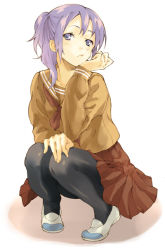 Rule 34 | 1girl, original, pantyhose, purple hair, ribbon, sakamoto atsumu, school uniform, serafuku, skirt, solo, squatting