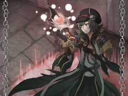 Rule 34 | 1boy, black gloves, black hat, black pants, cabbie hat, chain, coat, commentary request, facial tattoo, gloves, green eyes, green hair, grey coat, hair between eyes, hat, hat ornament, holding, holding staff, looking afar, mage staff, magic, male focus, pants, ragnarok online, reona amane, shirt, short hair, skull hat ornament, solo, staff, tattoo, teardrop tattoo, upper body, warlock (ragnarok online), white shirt