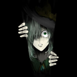 Rule 34 | 1girl, black background, black hat, bow, collared shirt, commentary request, doorway, fingernails, green eyes, green hair, grey hair, hair between eyes, hair over one eye, hat, hat bow, highres, horror (theme), komeiji koishi, long bangs, looking at viewer, parted lips, pov doorway, shirt, solo, takayo (user yeah3737), touhou, upper body, yellow bow