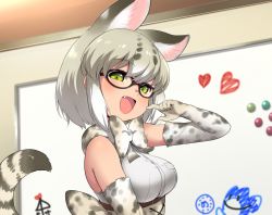 Rule 34 | 10s, 1girl, :d, animal ears, black-framed eyewear, blush, bow, bowtie, breasts, cat ears, cat tail, commentary request, elbow gloves, fang, glasses, gloves, green eyes, indoors, kemono friends, looking at viewer, margay (kemono friends), margay print, medium breasts, multicolored hair, open mouth, ransusan, short hair, sleeveless, smile, solo, tail, upper body, white hair, whiteboard