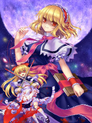 Rule 34 | 1girl, alice margatroid, alternate color, alternate eye color, apron, bad id, bad pixiv id, blonde hair, blood, blood on clothes, bloody weapon, blue eyes, blush, book, bow, capelet, crazy smile, doll, doll joints, dress, dual wielding, fingernails, full moon, grimoire, grimoire of alice, hair between eyes, hair bow, hair ornament, hairband, holding, jewelry, joints, kneehighs, legs, lolita hairband, long fingernails, long hair, long image, long sleeves, looking at viewer, mary janes, mirror (xilu4), moon, night, night sky, open mouth, red eyes, ribbon, ring, sash, shaded face, shanghai doll, shoes, short hair, short sleeves, skirt, sky, smile, socks, standing, star (sky), starry sky, string, sword, tall image, touhou, wavy hair, weapon, yandere
