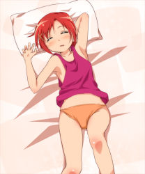 Rule 34 | 10s, 1girl, bed, blush, body blush, collarbone, closed eyes, hair tie, hino akane (smile precure!), lying, no pants, on back, on bed, open mouth, orange hair, panties, pillow, precure, sch, short hair, sleeping, smile precure!, solo, tank top, underwear, underwear only