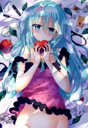Rule 34 | 1girl, :o, apple, aqua eyes, aqua hair, bare arms, bed sheet, bell, blush, bottomless, bow, candy, candy wrapper, commentary request, flower, food, fruit, glass slipper, hair flower, hair ornament, half-closed eyes, hand mirror, hatsune miku, head tilt, high heels, highres, holding, holding food, holding fruit, leaf, long hair, looking at viewer, lying, makeup, mascara, mirror, navel, niruanu (nitayam), on back, out-of-frame censoring, polka dot, revision, romeo to cinderella (vocaloid), school uniform, serafuku, unworn shirt, footwear bow, shoes, solo, strap slip, vocaloid, watch, wristwatch