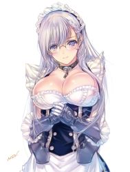 Rule 34 | 1girl, azur lane, belfast (azur lane), blush, braid, breasts, buttons, chain, cleavage, collar, commentary request, dress, elbow gloves, french braid, frills, glasses, gloves, large breasts, long hair, looking at viewer, maid headdress, min-naraken, own hands together, purple eyes, purple hair, signature, simple background, solo, upper body, white background
