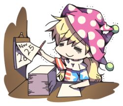Rule 34 | 1girl, american flag dress, bad id, bad twitter id, blonde hair, calendar (object), closed eyes, clownpiece, commentary request, hat, jester cap, lowres, ori (yellow duckling), paper, pencil, solo, tired, touhou
